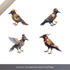 Obraz premium Steampunk Raven Watercolor Vector Art Set