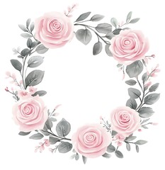 Watercolor floral wreath, with roses and pink flowers, leaves, and eucalyptus clipart, on a white background