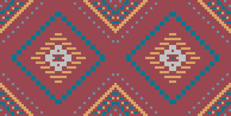 Pixel Art Arabic Pattern Imagesfolk Embroidery, Aztec Geometric Ornament Print. Design for Carpet, Wallpaper, Clothing, Wrapping, Fabric