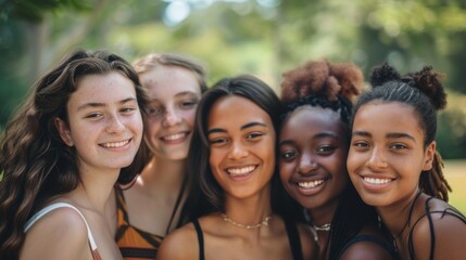 Fototapeta premium A diverse group of young women, all smiling and standing closely