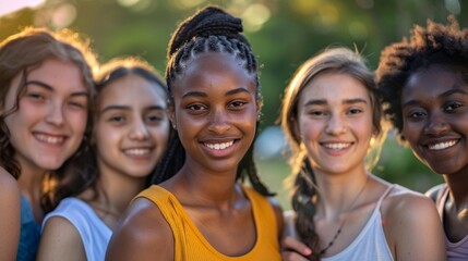 Fototapeta premium A diverse group of young women, all smiling and standing closely together