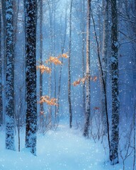 Fototapeta premium Serene winter forest scene with snowflakes gently falling among the trees, creating a peaceful and magical atmosphere.