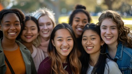 A diverse group of young women, all smiling warmly and standing closely together
