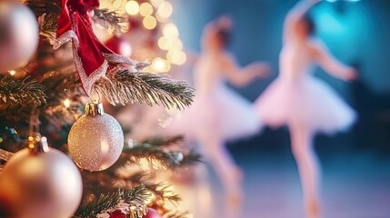 Christmas tree with ornaments and ballet dancers.
