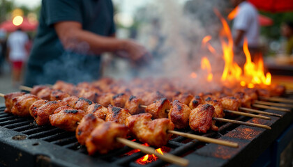 Delicious Grilled Chicken Skewers Over Open Flame – High-Quality BBQ Food Photography for image