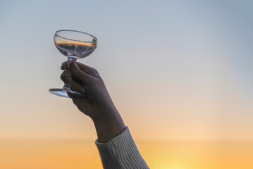 Woman hand raising a glass with champagne. Toast with copy space. 