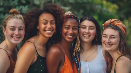 Fototapeta premium A group of young women from various ethnicities, all smiling and standing closely together