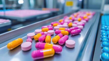 Pills and capsules in various colors are seen on conveyor belt in pharmaceutical manufacturing facility, showcasing production process of medications. 