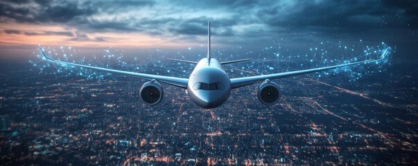 Futuristic Visualization of an Airliner with Digital Network Connectivity Over a Smart Cityscape, Symbolizing Advanced Air Travel Technology, Generative AI