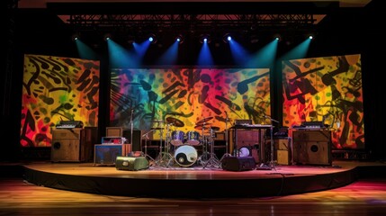 Concert Stage Setup with Drum Set and Musical Equipment
