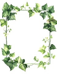 Fototapeta premium Watercolor square frame with a white background, light green leaves and flowers, vector illustration, white isolated background,