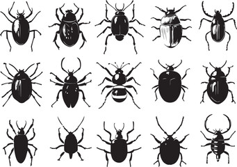 set of silhouettes of insects on white background