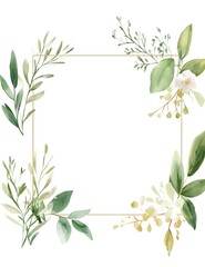 Watercolor square frame with a white background, light green leaves and flowers around the edges,