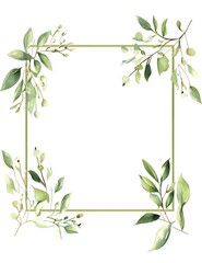 Watercolor square frame with a white background, light green leaves and flowers around the edges,