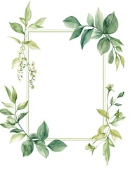 Naklejka premium Watercolor square frame with a white background, light green leaves and flowers around the edges,