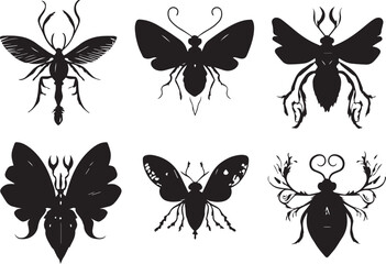 set of silhouettes of insects on white background