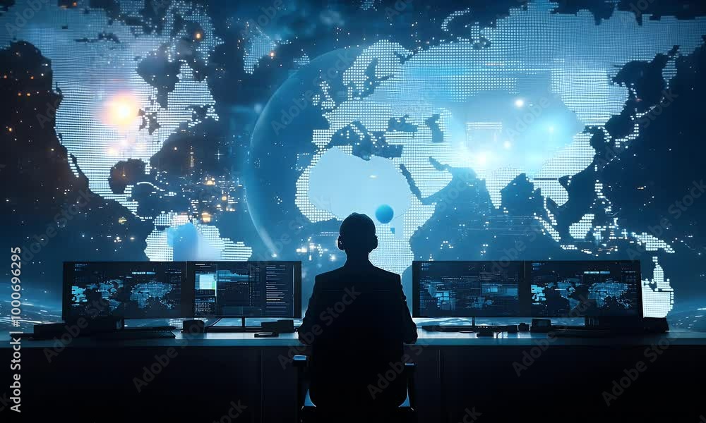 Poster silhouette of a cybersecurity analyst monitoring global networks in a high-tech control room. 4k vid