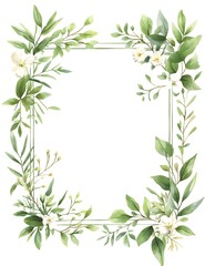 Watercolor square frame with a white background, light green leaves and flowers around the edges,