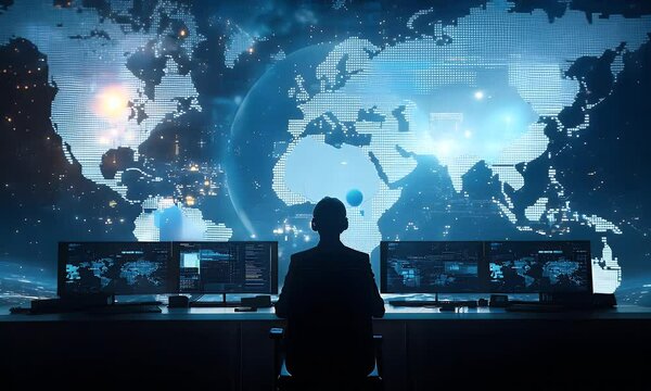 Silhouette of a cybersecurity analyst monitoring global networks in a high-tech control room. 4K video showcasing data surveillance, AI, and digital security systems in a connected world.