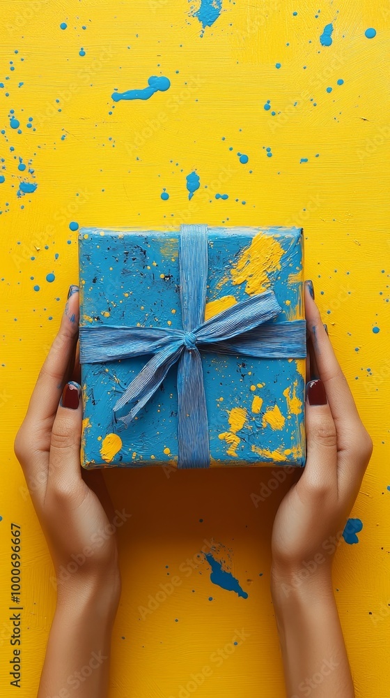 Wall mural Female hands holding painted gift box with blue paint on yellow background, creative DIY art project, bright and colorful, reimagining gift wrapping, artistic and vibrant mood, Generative AI