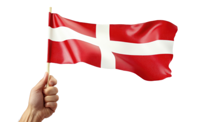 hand holding Denmark flag isolated on white background
