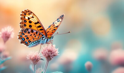 Obraz premium Leopard Butterfly Close-Up Collecting Nectar on Wild Flowers in Daylight, Vibrant Macro Nature Photography, Delicate Beauty and Tranquility in Blooming, Generative AI