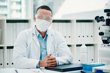 Portrait, laptop and man with mask, doctor and research for science, healthcare and medical professional. Clinic, confident and person in lab, scientist and expert of biotechnology and glasses in USA