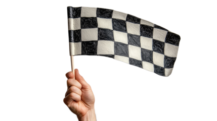 hand holding a checkered flag isolated on white background