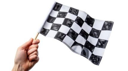 hand holding a checkered flag isolated on white background