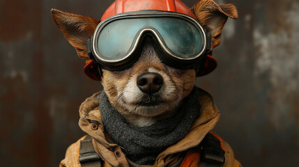 Fototapeta premium A small dog in a firefighter costume looking straight at the camera.