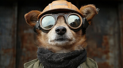 Fototapeta premium A small dog wearing a hard hat and goggles looks intensely at the camera.