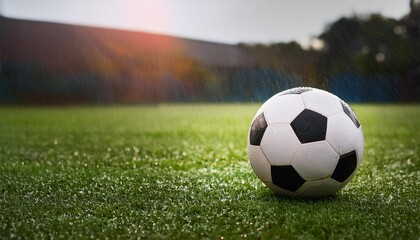 Fototapeta premium A colorful and dramatic image of a soccer ball under a stormy sky, with a beautiful sunset in the background