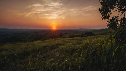Closeup view of grassy field on hillside with stunning dawn sky scenery. Beautiful nature sunrise sky background for copy space.