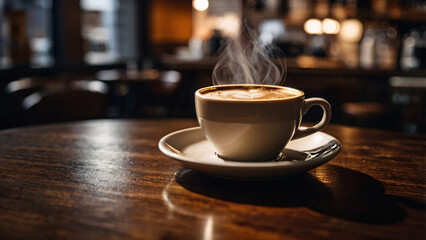 Obraz premium A cup of hot cafe latte with steaming on wooden cafe table under blur cafe background. 