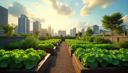 Fototapeta premium A city skyline is visible in the background of a garden filled with plants