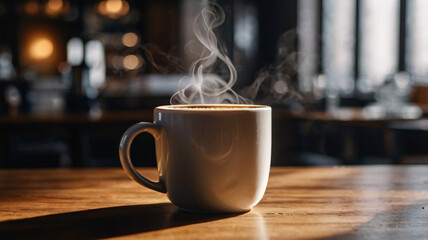 Obraz premium Closeup cup of hot coffee with steaming on wooden table under blur cafe background. 