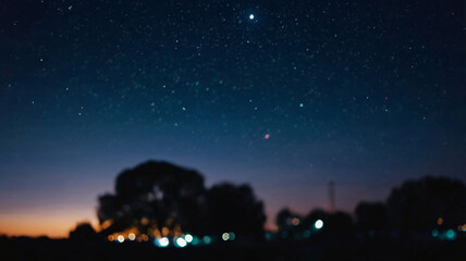 Closeup view of clear night sky full of twinkling stars with blur trees in countryside background. Beautiful nature galaxy sky background.