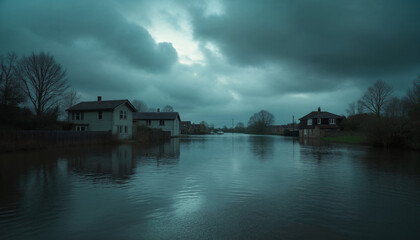 Fototapeta premium A dark and stormy night with a body of water in the background