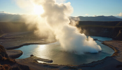 Obraz premium A large body of water with a large cloud of steam rising from it