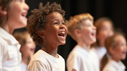 Fototapeta premium Children singing joyfully on stage in a group performance.