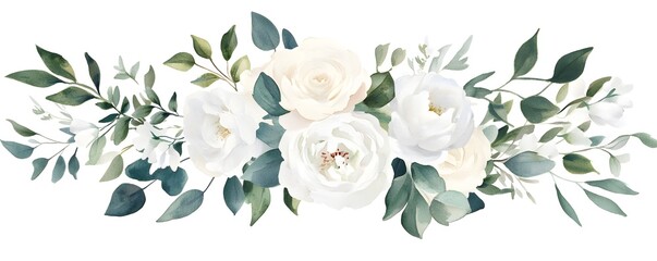 Fototapeta premium Watercolor white floral bouquet arrangement with roses, peonies, and eucalyptus leaves on an isolated background,