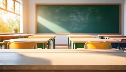 White empty countertop in school classroom with chalk board. Tabletop against the background of an interior with chairs and desks. sunlight