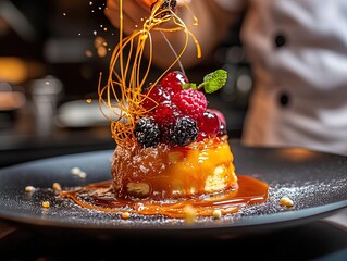 Indulge in Culinary Art: A Swoon-Worthy Dessert Adorned with Caramel and Berries – Perfect Wall Poster for Gourmet Spaces and Culinary Enthusiasts