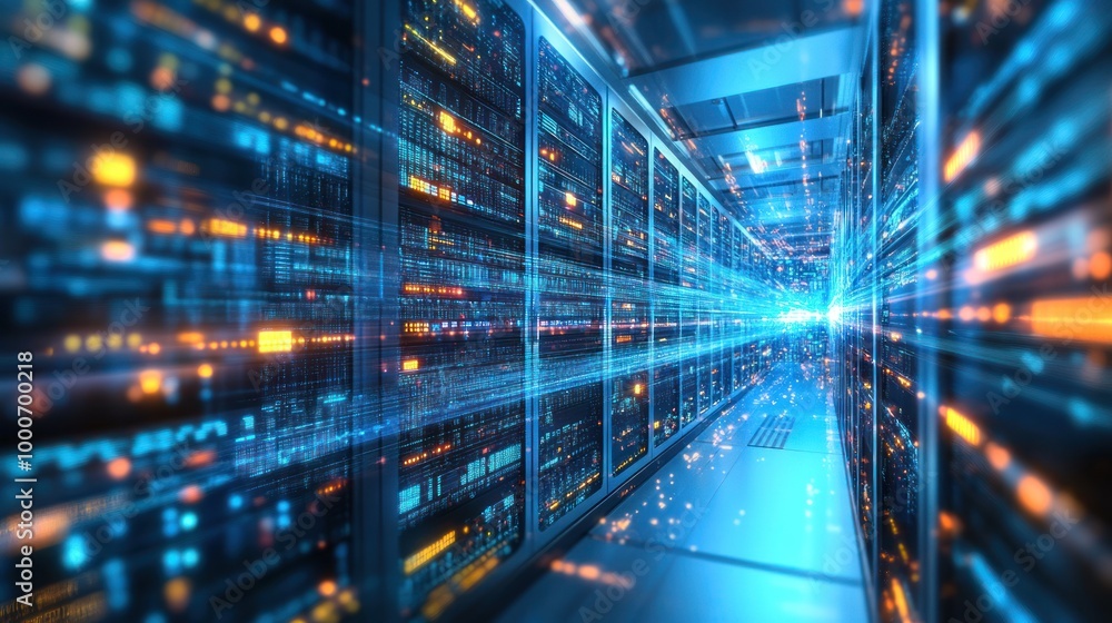Poster a futuristic data center with illuminated servers and data flow visualization.