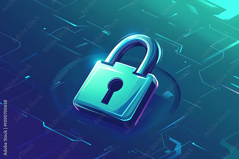 Poster a digital lock symbolizing cybersecurity and data protection in a modern design.
