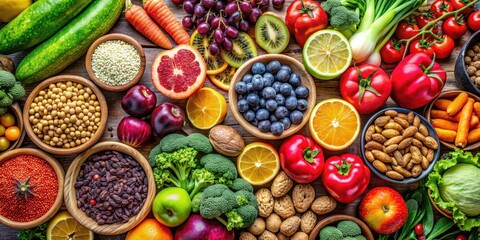 A vibrant assortment of fresh fruits and vegetables, nuts, and seeds for a healthy superfood selection, superfood, healthy food