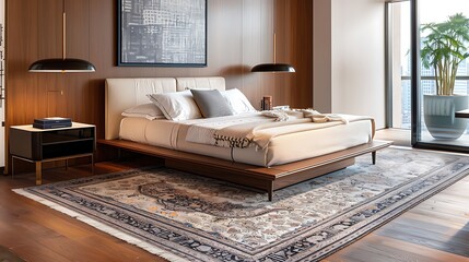 Elegant modern bedroom with a platform bed, stylish bedside tables, and a large area rug