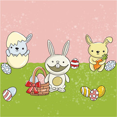 Vector Easter illustration of rabbits with eggs in the meadow on a pink-green background