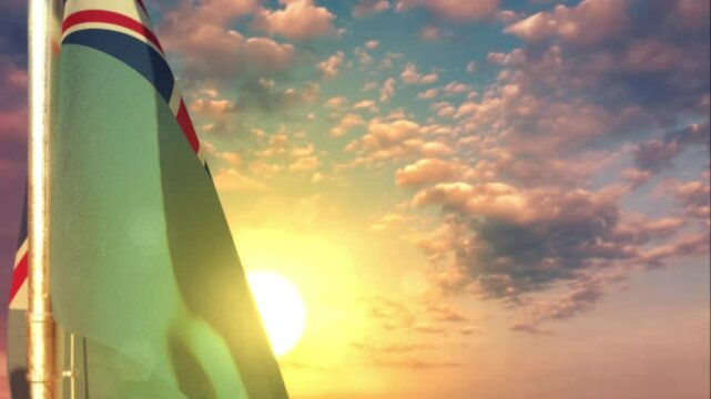 Fiji waving flag on beautiful sunset bg