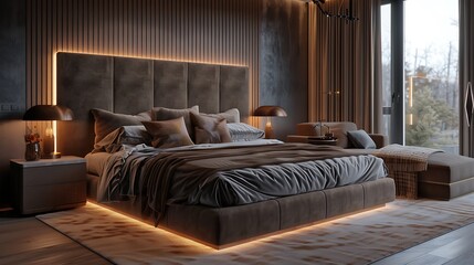 Elegant modern bedroom with a king-size bed, soft velvet textures, and contemporary lighting